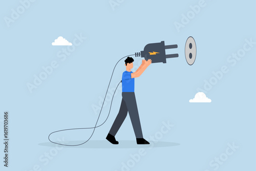 Recharge yourself, exhausted overworked businessman plugging in electricity to recharge.