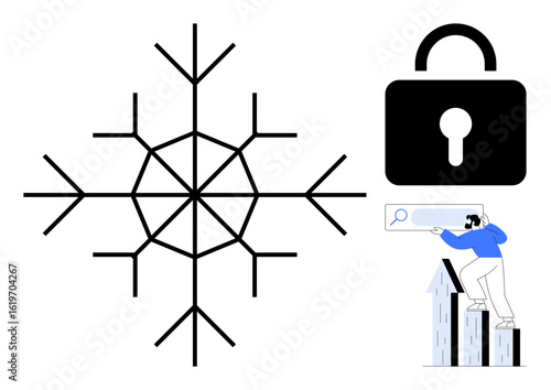Snowflake figure, security padlock, and person analyzing growth on bar chart with search bar. Ideal for cybersecurity, winter technology, data protection, safekeeping, growth analysis, success