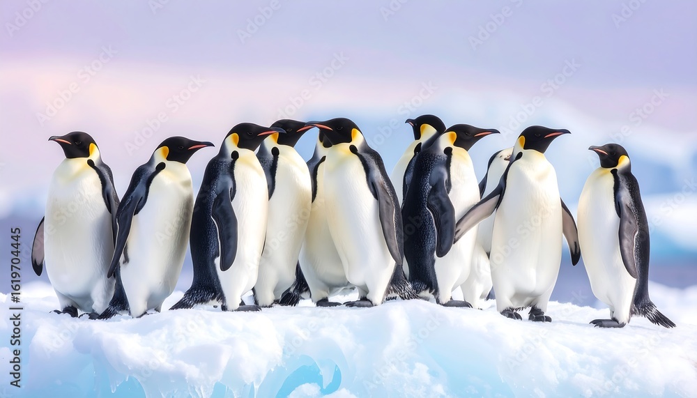 Obraz premium Emperor penguins huddle on an icy landscape