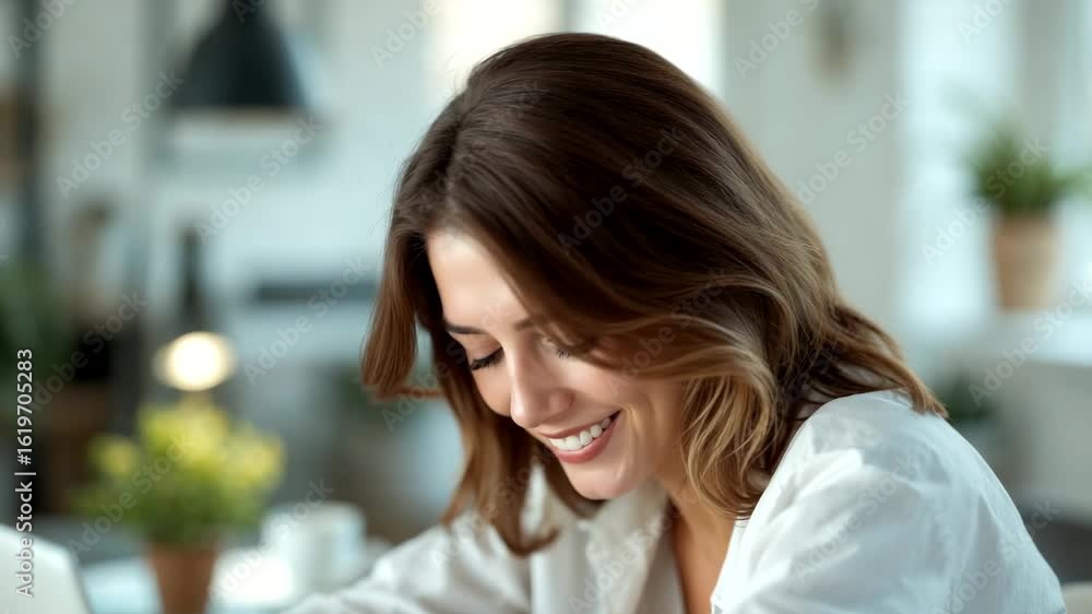 Happy woman with blue eyes smiling at the camera in a bright home setting Happy woman with blue eyes smiling at the camera in a bright home setting