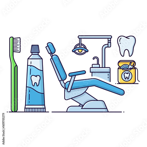 Dentist's chair, toothbrush, toothpaste, dental floss, and tooth illustration.