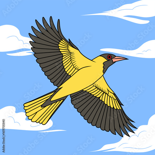 Colorful illustration of a Black-naped Oriole in flight with spread wings against a bright sky background. Ideal for bird lovers, nature themes, and educational designs.