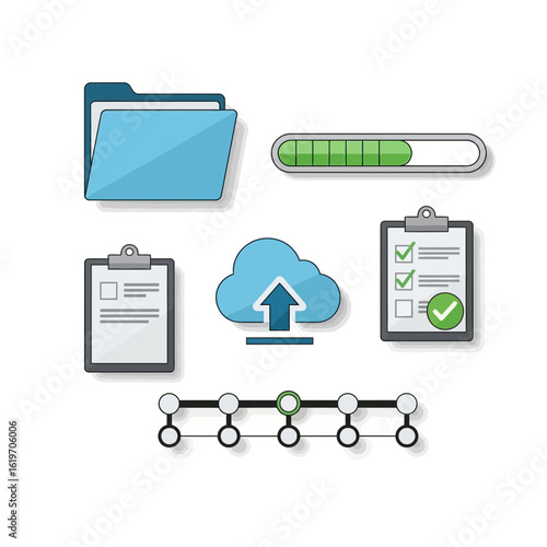 Cloud data upload process illustrated with icons showing file transfer, progress bar, checklists, and workflow stages.