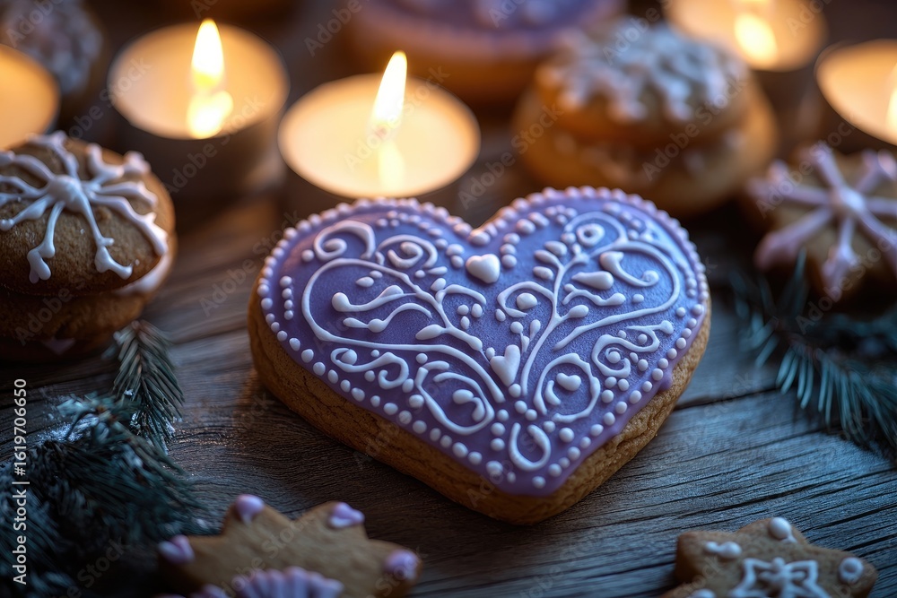 Heart-shaped gingerbread cookie, decorated with intricate purple icing, sits on a wooden surface amidst Christmas candles and other festive cookies Heart-shaped gingerbread cookie, decorated with intricate purple icing, sits on a wooden surface amidst Christmas candles and other festive cookies