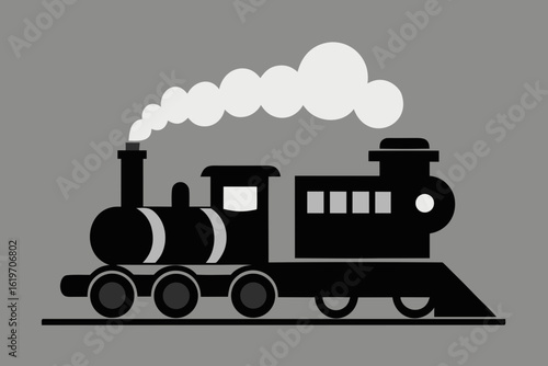 Stylized black steam locomotive emitting white smoke against a gray background