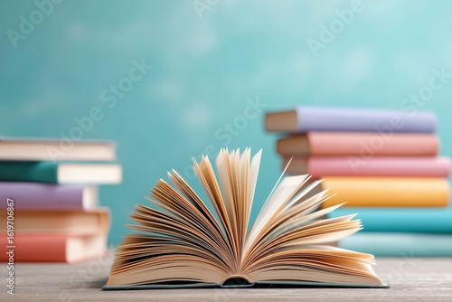 Open book with stack on mint pastel background, education concept for school, online learning, literacy day, back to season, study space.