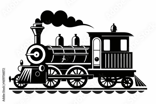 Classic steam locomotive engine emitting smoke on train tracks