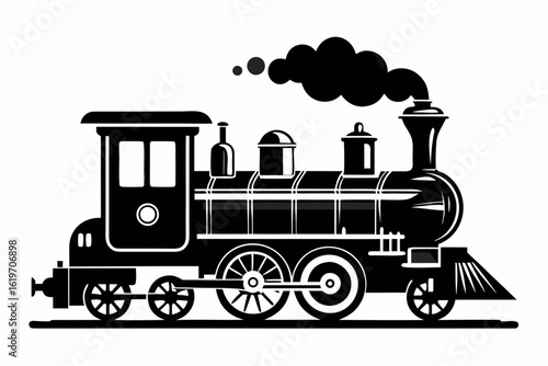 Classic black steam locomotive with smoke billowing from its chimney on a white background
