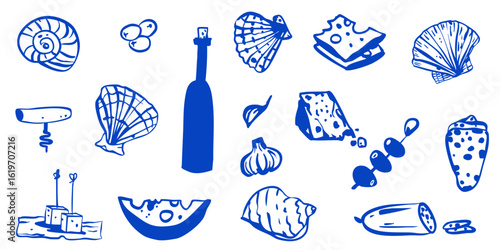 Hand drawn whimsical cheese olives food party sea collection. Romantic vector illustration menu decoration. Cafe restaurant icons doodle graphic sketch set.