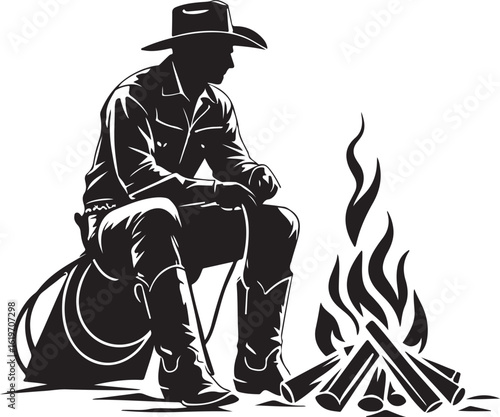 Silhouette of cowboy sitting by campfire