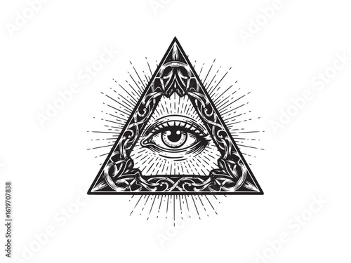 Engraved all-seeing eye symbol for mystical branding occult books and esoteric spiritual illustration