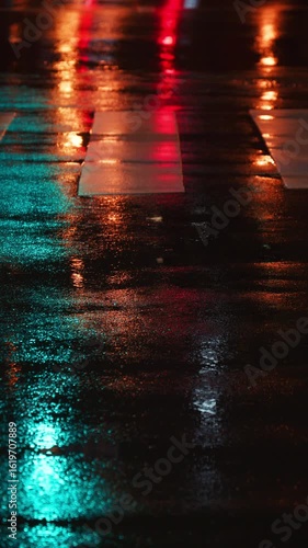 Raindrops hitting the asphalt on a pedestrian crossing in the evening with city lights. Vertical. Tokyo, Japan