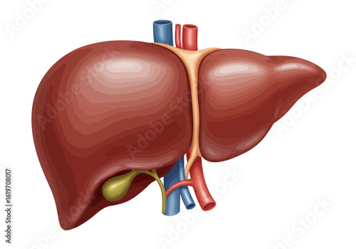 Detailed illustration of a human liver, gallbladder, and associated blood vessels with transparent background