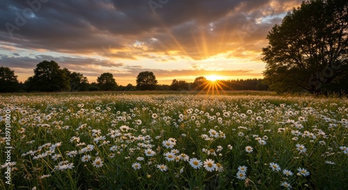 Sunset over a wild daisy field in summer with golden sunlight and dramatic clouds. Peaceful rural landscape with natural beauty and serene atmosphere.
