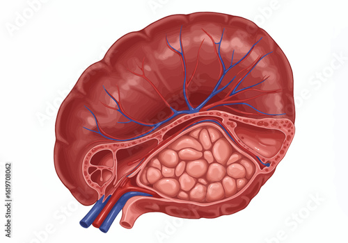 Detailed anatomical illustration of a kidney showcasing its internal structures and vascular system for medical education