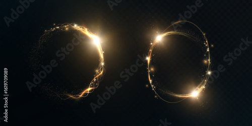 Glowing bright golden ring with shimmering particles and bright trail. Vector effect of magic, energy and futuristic aura for fantasy themes, portals and digital interfaces.