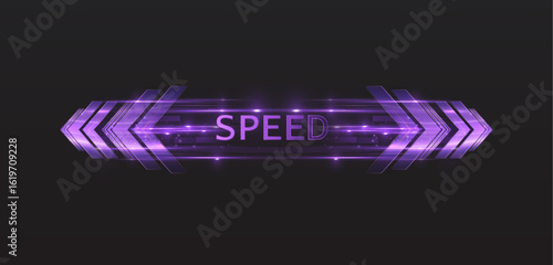 Vector image with glowing purple arrows and dynamic motion lines on a dark background. Light effect for racing and game design, as well as illustrations in games and web design.