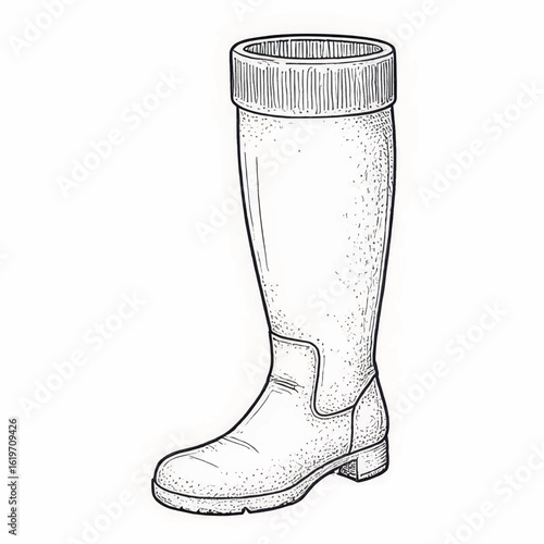 Rubber knee-high boot with a folded cuff in black and white sketch  