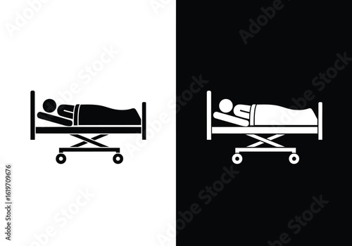 A simple graphic icon of a person lying in a hospital bed or stretcher, presented in both black and white versions.