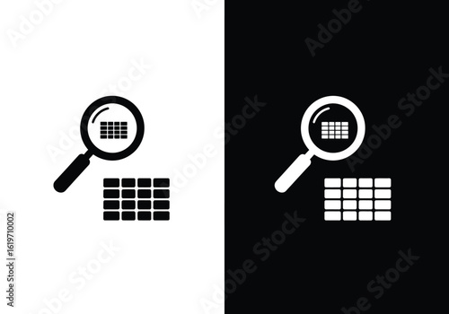A magnifying glass icon inspects a data grid, symbolizing search, analysis, and examination.
