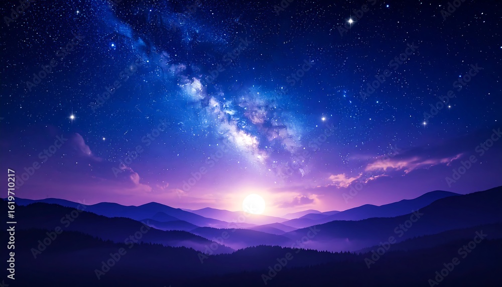 Naklejka premium Majestic mountain range at sunrise, a vibrant milky way