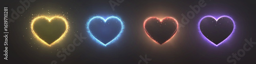 Bright shining hearts made of glowing glitter particles on dark background: gold, blue, orange, purple. Vector glow and magic effects for romantic design, holidays and digital design.