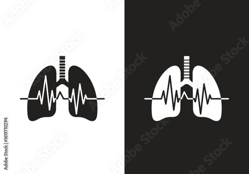 Black and white glyph icons of a finger using a pulse oximeter to check heart rate and oxygen levels.