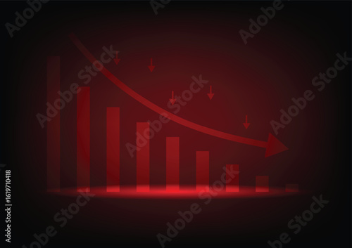 Economic critical crisis concept. The bar garph with drop down arrow on red background. Recession financial, cryptocurrency, gold, and the stock market. Losing money and cash. Bearish.