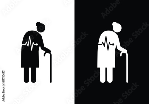Black and white icons of an elderly woman with a cane and a heartbeat line on her back, symbolizing senior health.