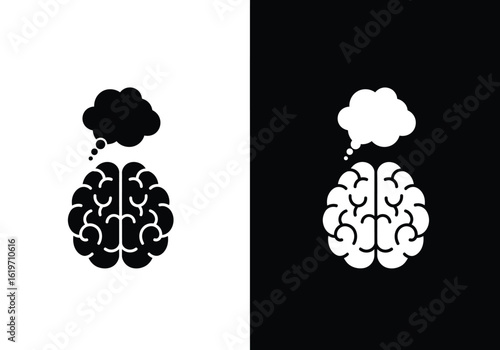 A stylized black and white illustration of a brain with a thought bubble, representing thought and ideas.