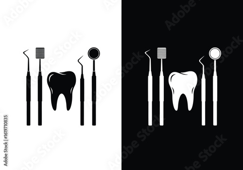 A set of professional dental instruments and a molar tooth icon shown in black and white variations.