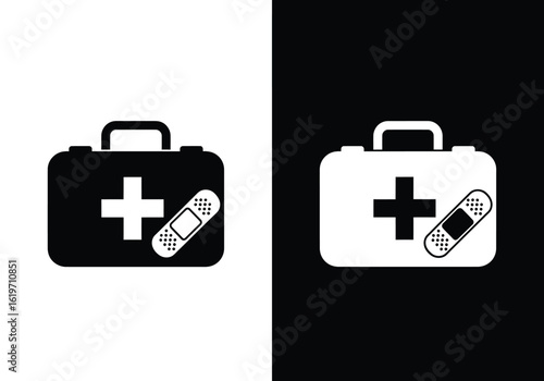 A medical first aid kit symbol with a cross and a bandage, presented in both black and white versions against contrasting backgrounds.