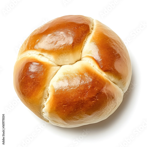 Golden-brown, glossy cross-topped bun with a soft texture and evenly baked surface.