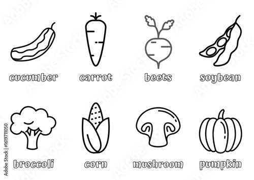 A collection of simple line art illustrations depicting various fresh vegetables, including a cucumber, carrot, beets, soybean, broccoli, corn, mushroom, and...