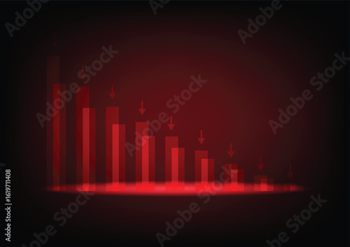 Economic critical crisis concept. The bar garph with red drop down arrow on red background. Recession financial, cryptocurrency, gold, and the stock market. Losing money and cash. Bearish.