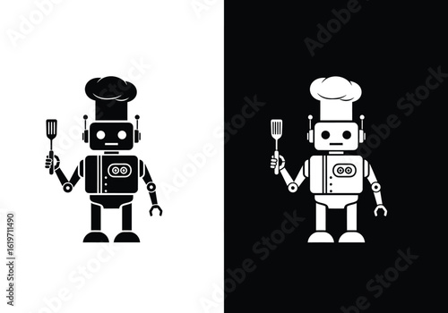 A stylized robot chef holding a spatula, presented in contrasting black and white versions.