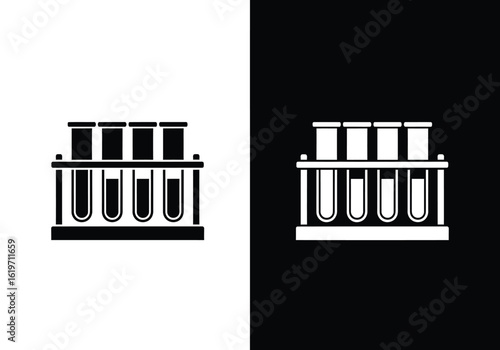 A black and white illustration of five test tubes in a rack, showcasing science.