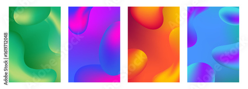 Vibrant gradient liquid shapes. Set of abstract fluid dynamic elements on color backgrounds for creative graphic design. Vector illustration.