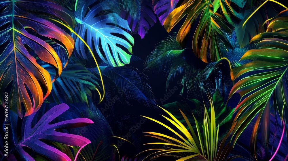 Fototapeta premium A mysterious dark jungle at night, illuminated by vibrant neon lines and lush palm leaves, creating an exotic and energetic atmosphere perfect for a tropical party background