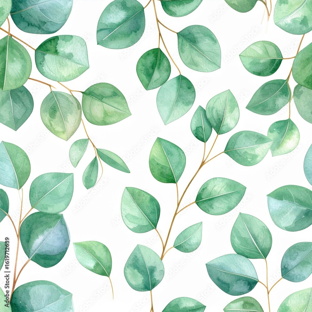 Fototapeta premium Watercolor Green Eucalyptus Leaves Seamless Pattern on White Background Design