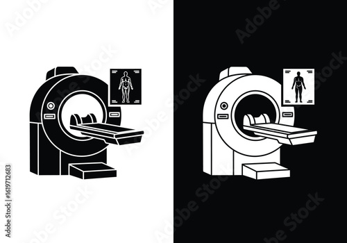 Monochrome icons of a medical MRI or CT scanner with a patient bed and a screen displaying a full body scan.