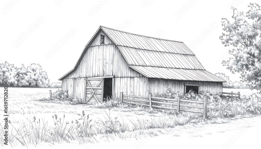 Obraz premium Pencil sketch of a rustic barn