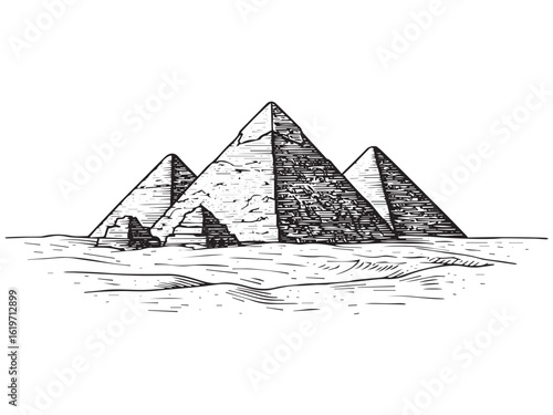 Pyramids engraving for ancient heritage packaging whiskey design and cultural travel illustration branding