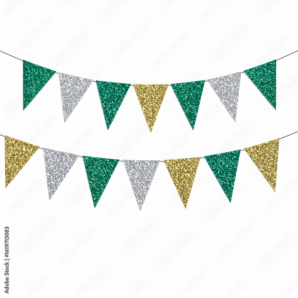 Obraz premium Glitter Bunting Garland Decoration in Green Gold and Silver Triangle Pennants Hanging on String Festive