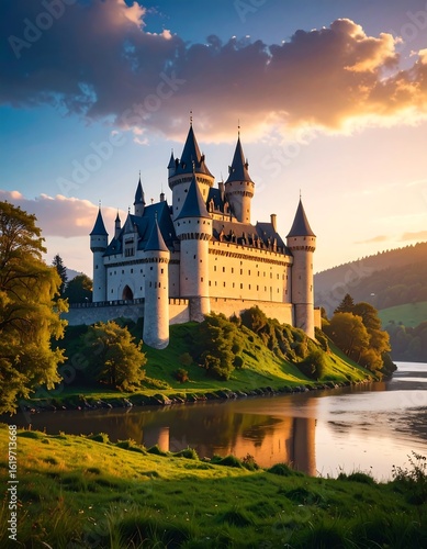 Majestic castle at sunset by a lake