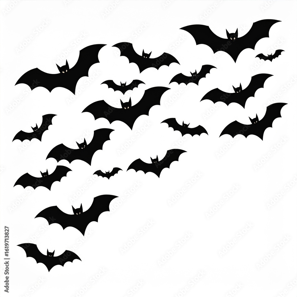 Naklejka premium Group of Black Bats Flying on White Background Halloween Decorations and Themed Party