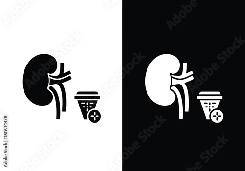 An illustration depicting a human kidney organ next to a trash can with a plus sign, presented in both black-on-white and white-on-black versions.