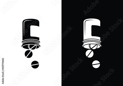 Black and white graphic design of a pill bottle with pills spilling out.