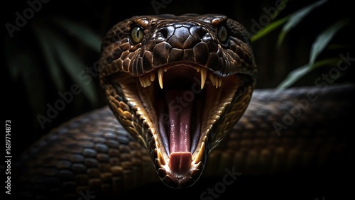Menacing snake with open mouth showing fangs and scales ready to strike its prey in the wild predator concept image