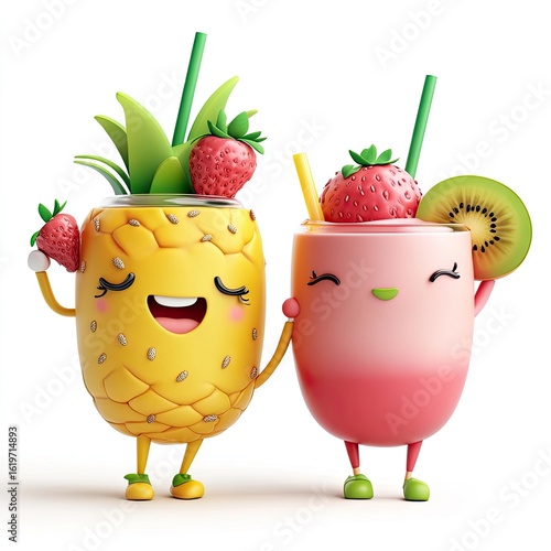 Cute Pineapple and Strawberry Smoothie Characters: Fun Summer Fruit Drinks